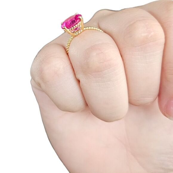 Pink Zirconia Crystal Large Gemstone Sterling Silver Twisted Rope Ring (Size 7) - Picture 4 of 5